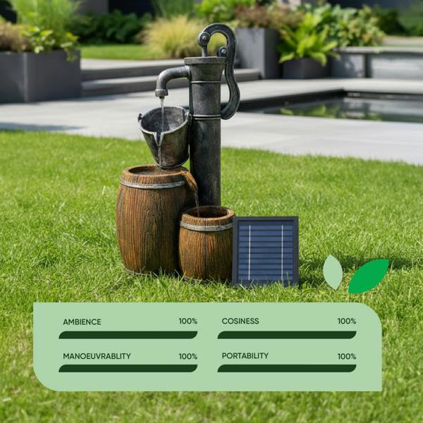 Gardenwize Solar Water Feature – 2 Tier Wooden Barrel Fountain with LED Lights & Battery Backup