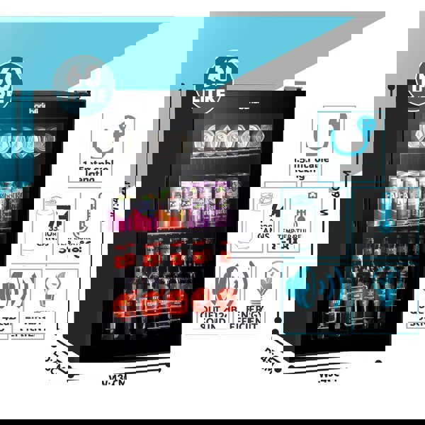 60L Under Counter Wine Beer Drinks Fridge Cooler - BLACK & GLASS 74x 330ml Cans - LoopsDirect