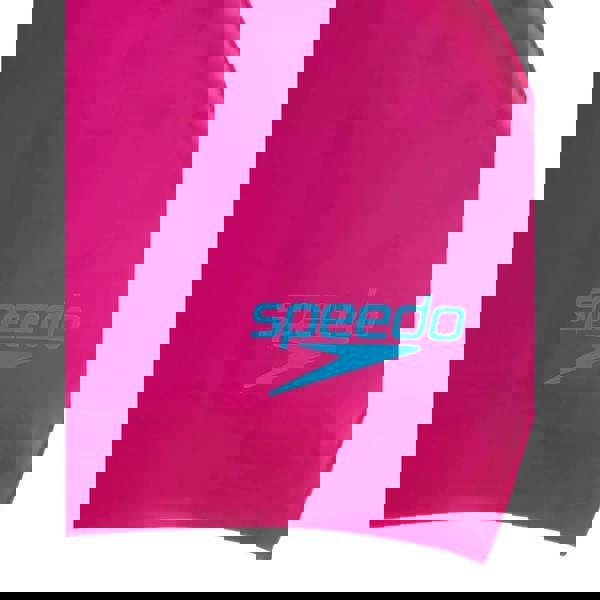 Pink Speedo junior long hair swim cap with blue logo