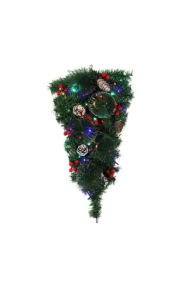 Living and Home 60cm Artificial Christmas Teardrop Swags with Colored String Lights Red Berry Frosted Pine Cone Hanging Pendant