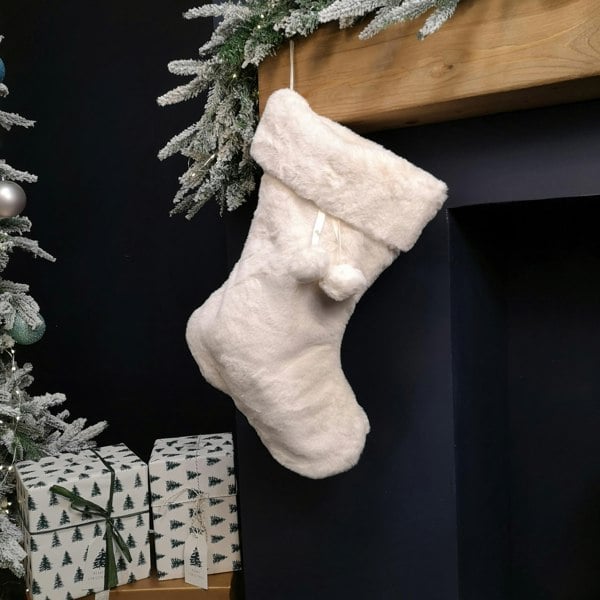 Samuel Alexander 50cm Winter White Faux Fur Hanging Christmas Stocking with Pom Poms