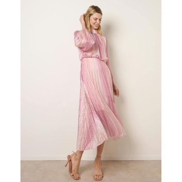 Blue Vanilla Zig Zag Metallic High Neck Puffball Pleated Dress