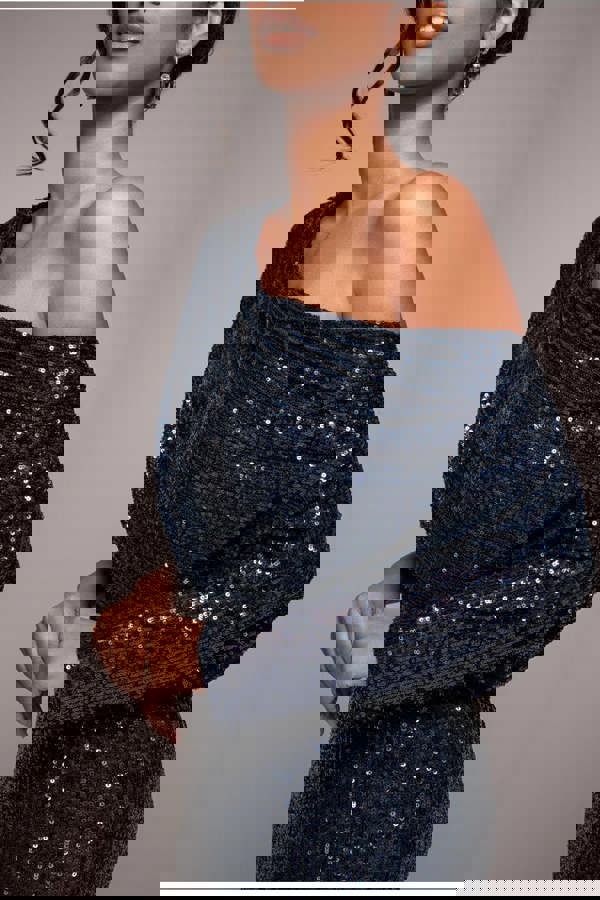 Sequin Cowl Neck Midi Dress - Navy DR3321