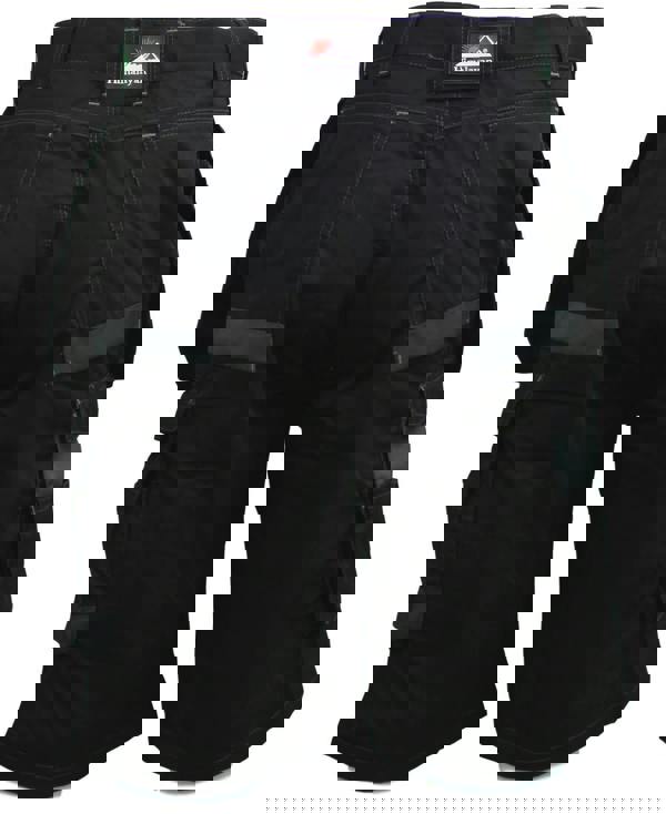 Himalayan Mens Multi-Pocket Work Trade Cargo Pockets Shorts, black utility shorts with multiple cargo pockets and reflective detailing.