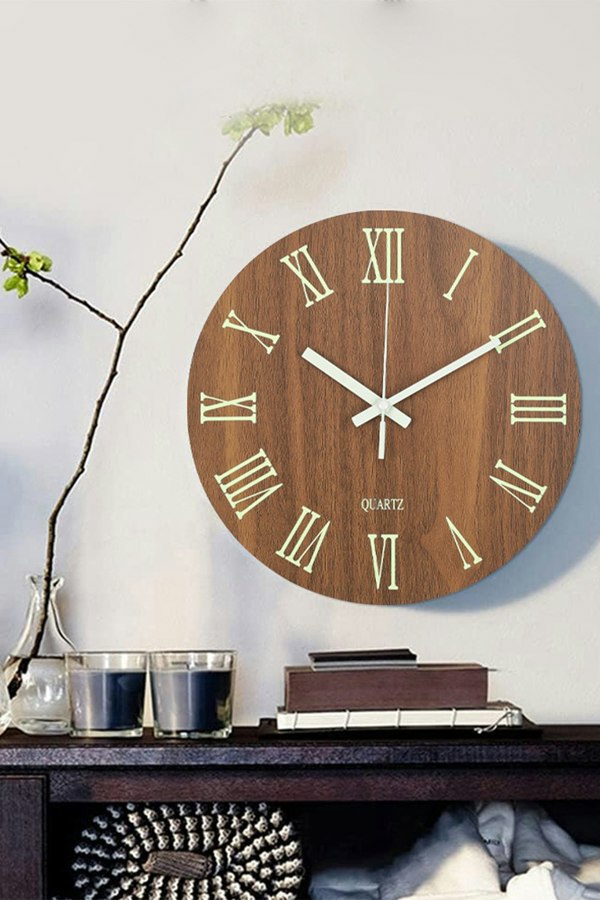 Living and Home 12-Inch Modern Luminous Wood Silent Wall Clock