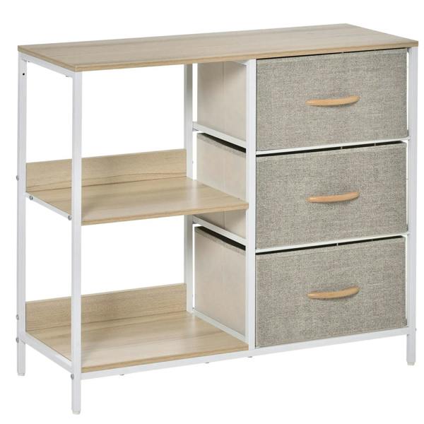 Beige storage dresser cabinet with three grey fabric drawers and two open shelves