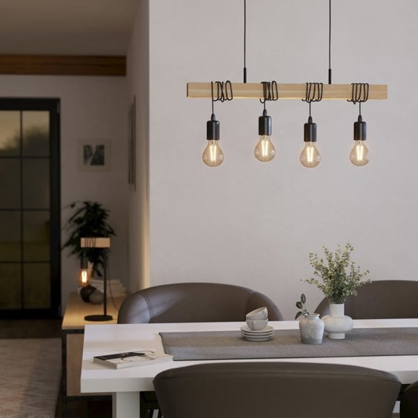 EGLO Townshend Black/Natural Metal & Wood 4-Light Geometric Pendant - Industrial Style (D) 110cm