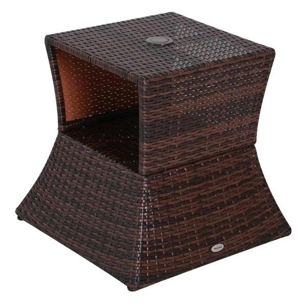 Brown wicker bistro coffee table with open shelf and top umbrella hole