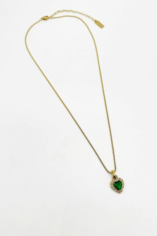 SVNX Emerald Green Diamante Heart Necklace in Gold - Gift Boxed