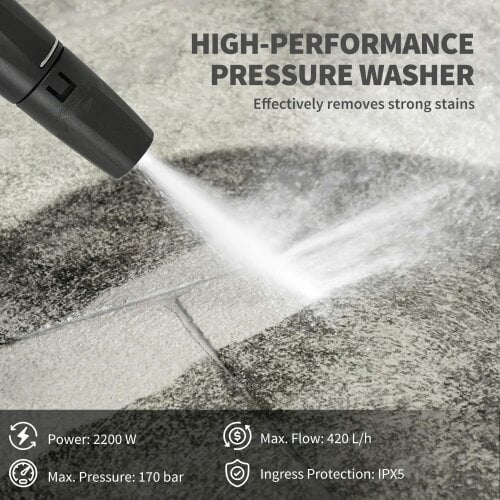 Bobobiy 2200W High Pressure Washer, 170 Bar, 420 L/h, Adjustable Nozzle, 6m Hose and Reel, Electric Jet Cleaner