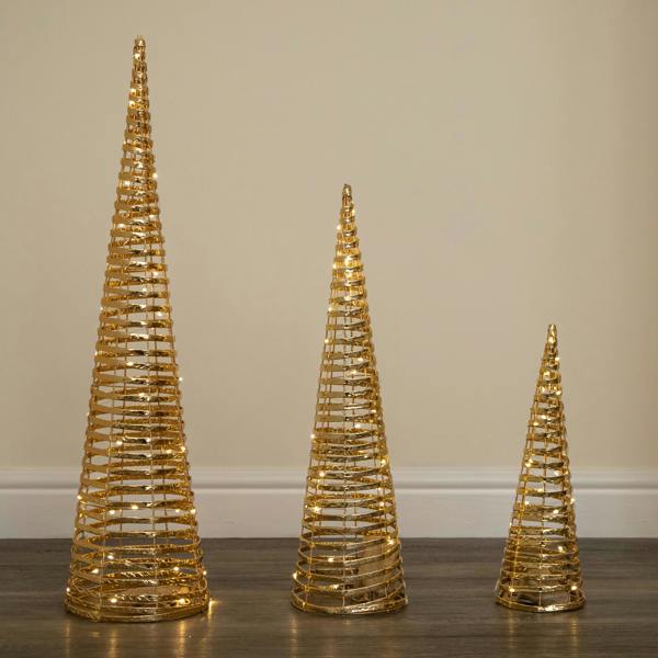 Samuel Alexander Set of 3 Light Up Gold Braid Christmas Cone Trees with Warm White LEDs