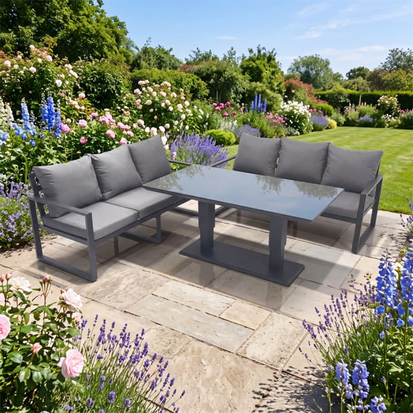 Fimous 6 Seater Aluminium Outdoor Garden Furniture Set with Adjustable Rising Lifting Dining Table 3 Seater Sofa Dark Grey