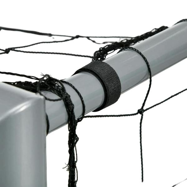 Grey goal frame pole wrapped with black strap and net cords