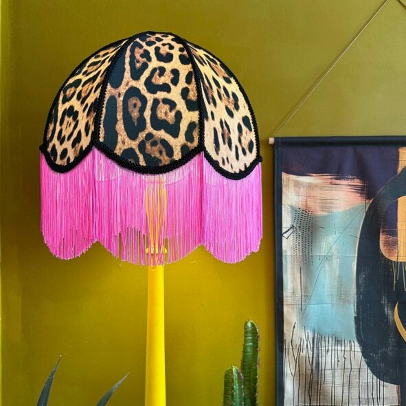 Love Frankie Pixie - Vintage Fringed Dome Lampshade in Leopardess with Pink Fringe