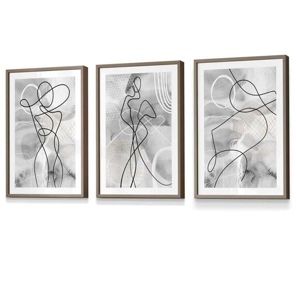 Artze Wall Art Abstract Set of 3 Fashion Line Framed Prints in Black & Grey