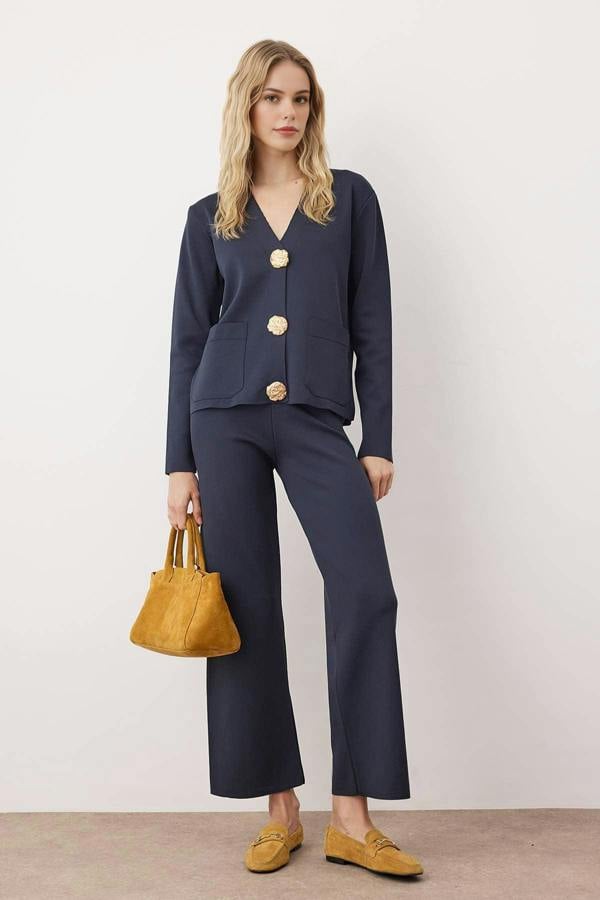WOVCOR 2-Piece V-Neck Button Detail Cardigan-Pants Knitwear Set