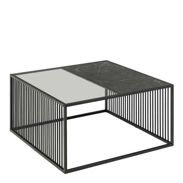 Wyld Haus Porto Black Metal Organic Square Coffee Table with Glass and Stone Effect Top
