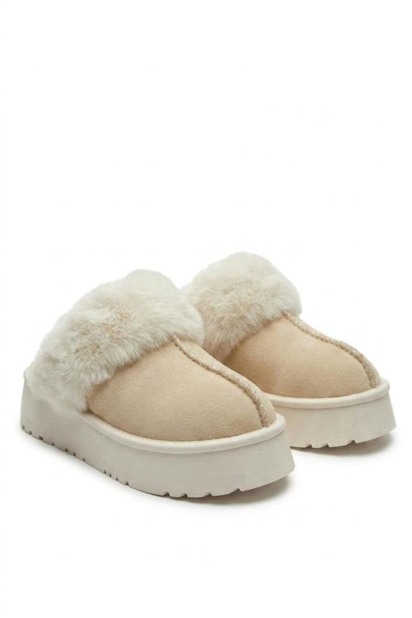 Kelly Faux Fur Trim Whisp Chunky Platform Slippers - Beige_wb
