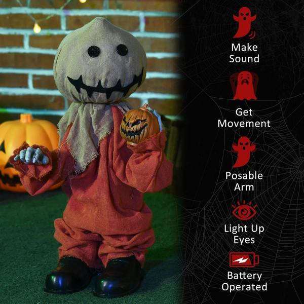Halloween scarecrow decoration doll with light-up eyes holding a glowing jack-o-lantern