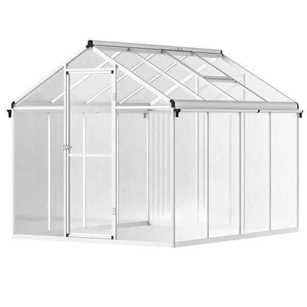 White aluminium frame greenhouse with clear polycarbonate roof and sliding door front