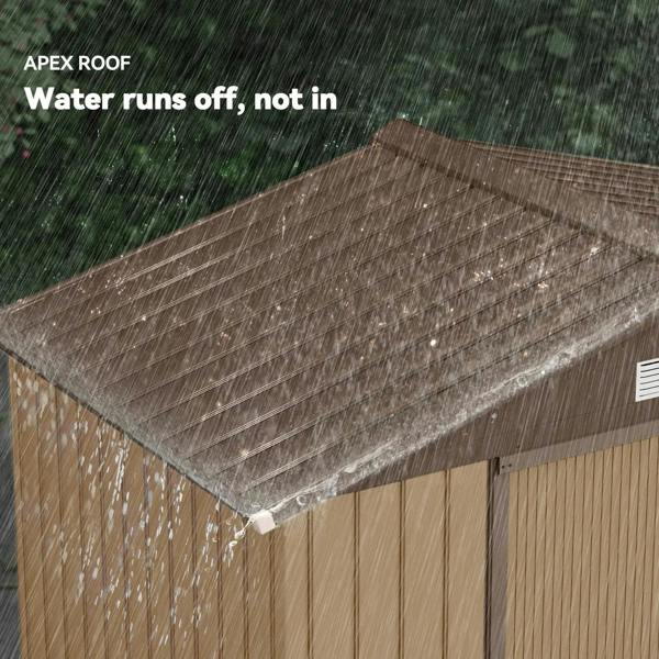 Light brown metal storage shed with apex roof and two front vent grilles