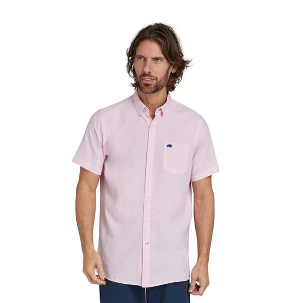Raging Bull Mens Classic Linen Short-Sleeved Shirt - Pink - 