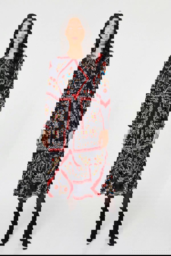 Navy | Printed Smocked Long Sleeve Midi Dress
