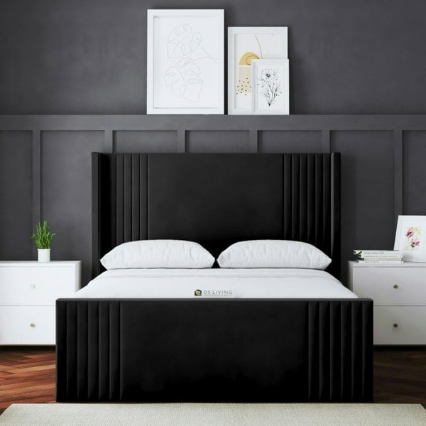 DS Living Elara Ottoman Bed with Winged Panel Headboard - Black - King / 5ft