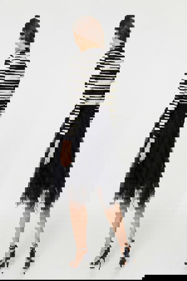 Black And White | 2-In-1 Dress With Striped Top & Midi Mesh Skirt
