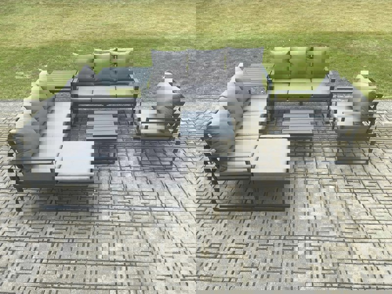 Fimous Aluminium 8 Seater Outdoor Garden Furniture Lounge Sofa Set with Square Coffee Table Chair Big Footstool Side Table Dark Grey