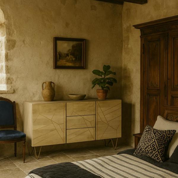 Wyld Haus Bali Light Mango Wood Gold Extra Large Sideboard 3 Drawers 2 Doors