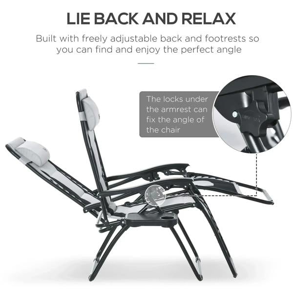 Folding reclining lounger chair with adjustable reclining position and light grey padded back