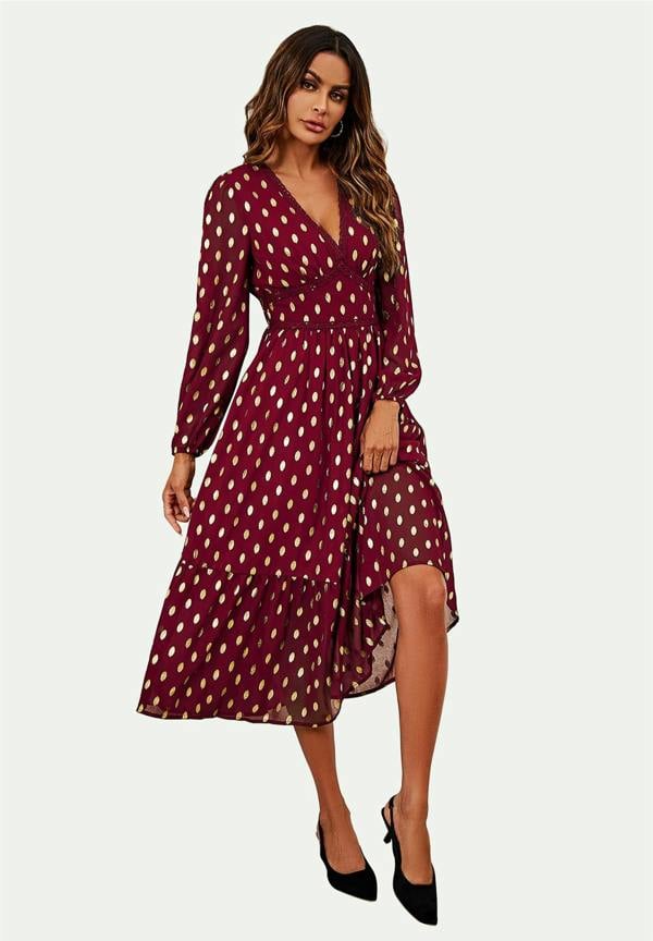 FS Collection Lace Trim Foil Long Sleeve Maxi Dress In Wine