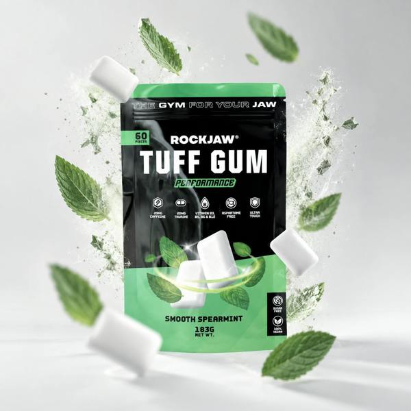 ROCKJAW Tuff Gum Performance | 20mg Natural Caffeine, 20mg Taurine + B Vitamin Complex | Premium Tough Jaw Gum - 2 Months Supply (BEST VALUE)