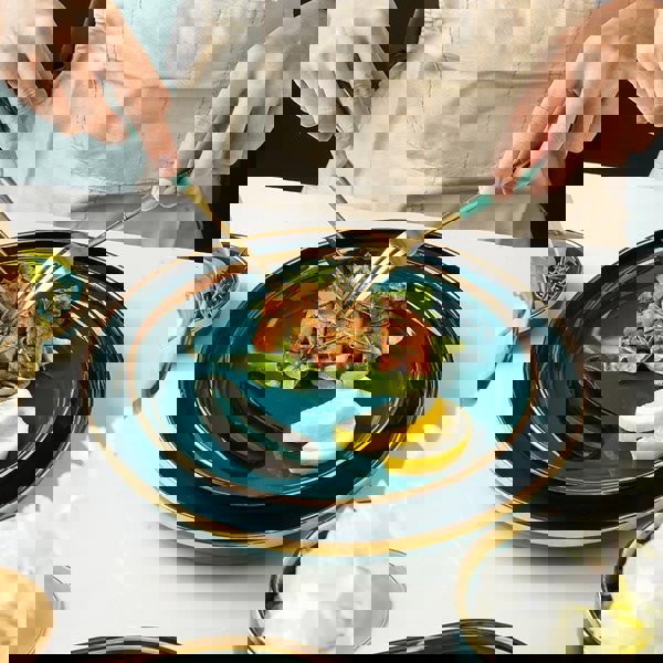 9 Piece Dinner Set, Green And Gold-Weilai Concept-Weilai Concept