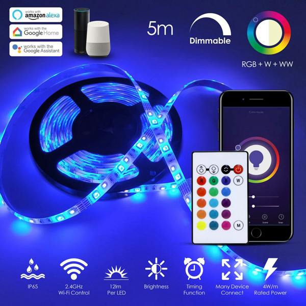 ENER-J 5 Meters Smart Wi-Fi RGB Colour Changing LED Strip Kit, Dimmable, IP20, for Bedroom Ceiling Party Decoration with Remote and Plug