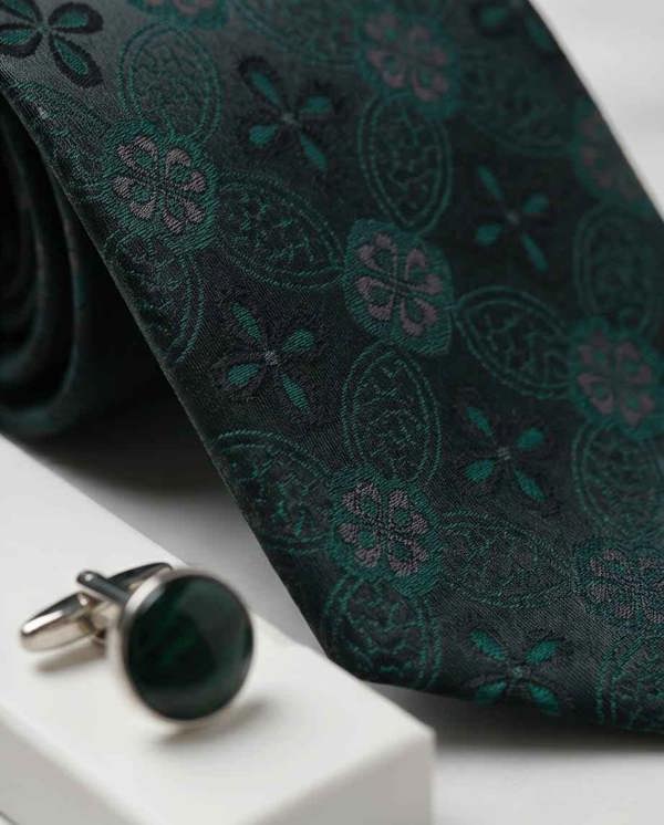 Deep Teal Jacquard Tie Set with Cufflinks & Pocket Square