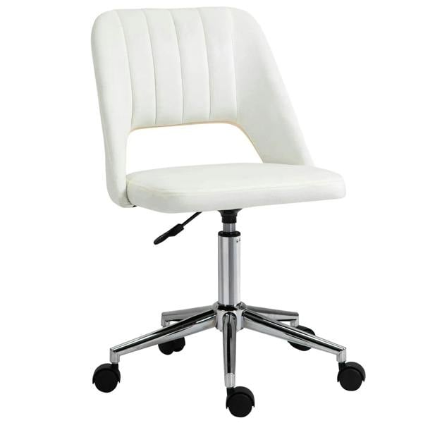 Cream white armless office chair with velvet-look upholstery and swivel base with caster wheels