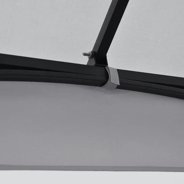 Close-up of gazebo canopy support strap and black frame connector on light grey fabric