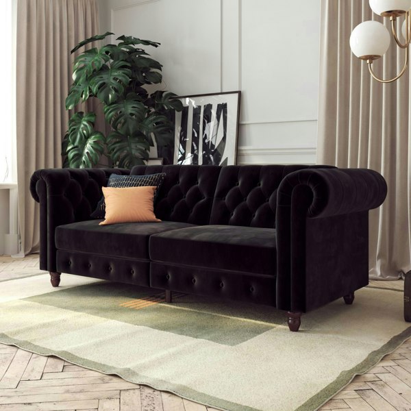 Dorel Home Felix Chesterfield 3 Seater Sofa Bed in Velvet Black
