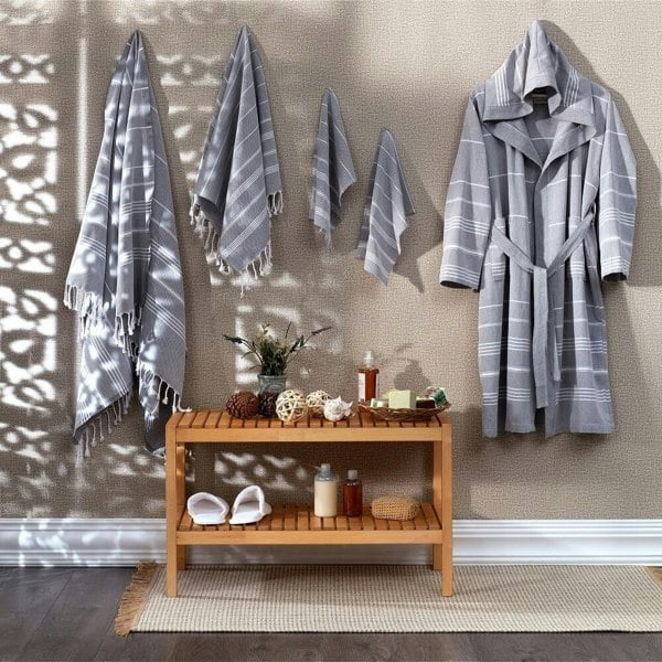 Cotton Hammam Bathrobe and Towel Set, Smoke