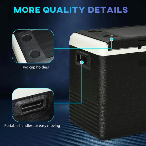 Portable cooler with integrated handles and cup holders on black-and-white lid edge