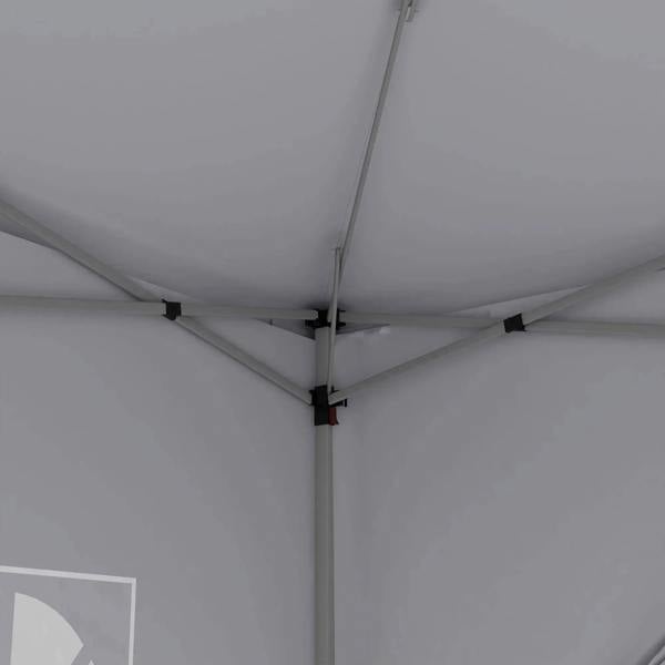 White pop-up gazebo frame interior with crossbars and canopy ceiling