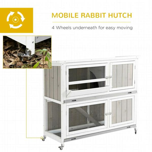 White two-tier wooden pet hutch with wheels and open front wire mesh compartments