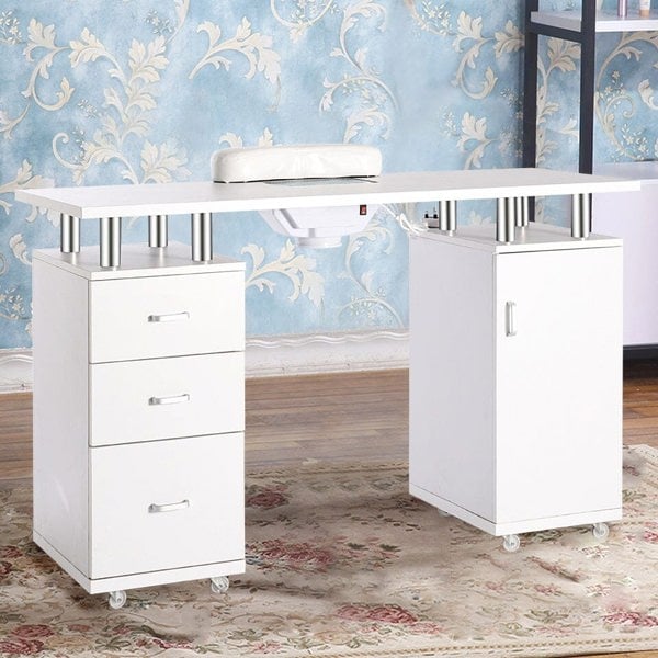 120cm Wide White Professional Manicure Station Nail Table on Wheels with Dust Collector Dressing Tables Living and Home