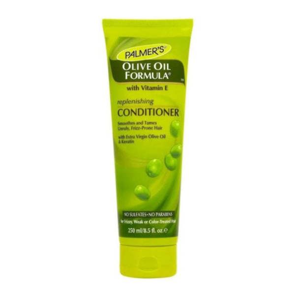 Palmer's Olive Oil Formula Replenishing Conditioner in a green tube with white and black text, highlighting the olive oil and vitamin E ingredients.