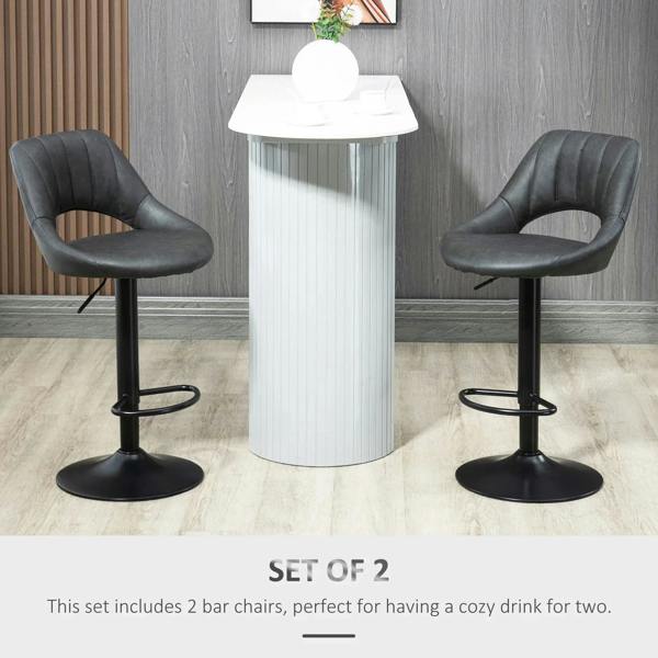 Pair of grey PU leather bar stools with backrest and footrest, black round bases