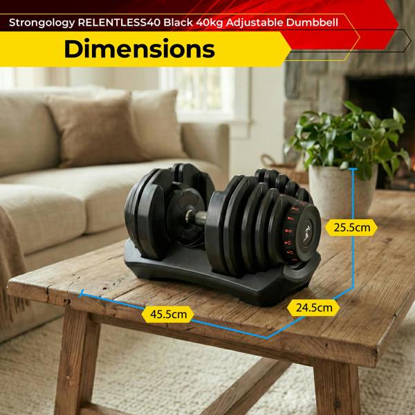 Homeology RELENTLESS40 Adjustable Smart Dumbbell 5kg to 40kg Single Home Fitness Training Weights Black