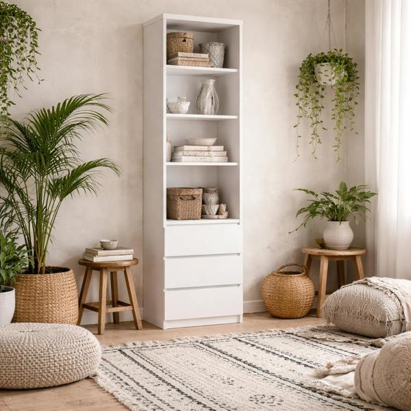Wyld Haus Hemingway White Wooden Tall Narrow 3 Drawer Bookcase