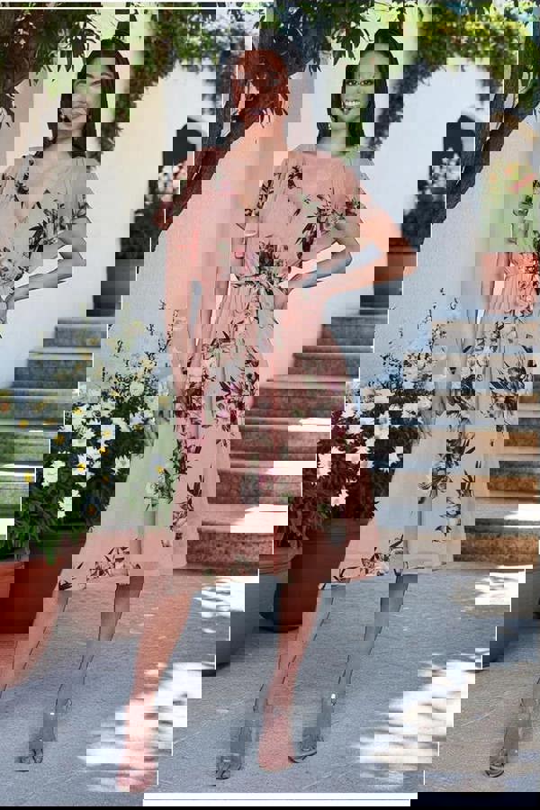 Floral Printed Flutter Sleeve Chiffon Midi Dress - Peach DR4515